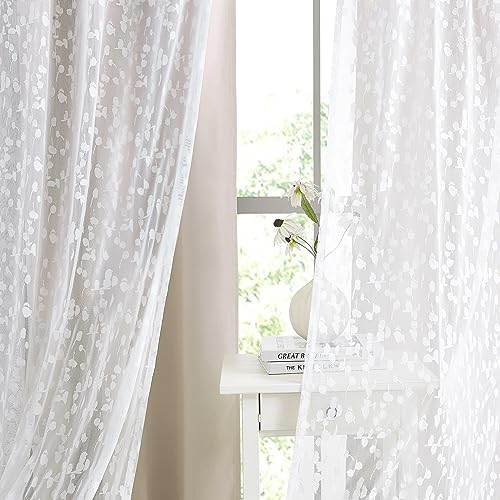 Image of Mix Matched Beige Full Blackout & Sheer Leaf Lace Curtains 52 inchWx63L 4Panels | White Lace Sheer Leaf & Beige Blackout Combo Set, 2 Blackout+2 Sheer Panels, 4-Piece Set, Mix and Match Style Grommet Top