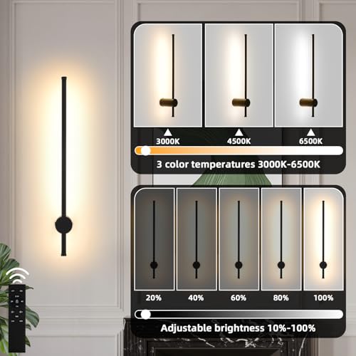 Image of LED Wireless Wall Sconce with Remote Control, Dimmable /350 Rotate /Timing /USB Rechargeable Battery Powered Indoor Wall Lamps, 23.6 inch Black Wall Lights Set of Two for Hallway, Living Room, Bedroom