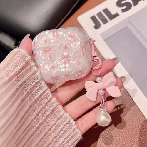 Image of MINSCOSE for Cute Glitter AirPods 4 Case,Shell Pattern Bow Ribbon Trendy Design with Bowknot Pearl Keychain,Protective Shockproof Cover for Apple Airpods iPod 4th Generation for Women Girl-Pink