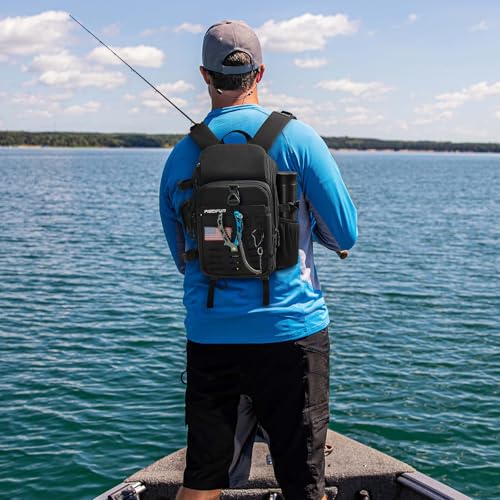 Piscifun Fishing Tackle Backpack with Rod & Gear Holder, Lightweight Outdoor Water-Resistant Fishing Shoulder Storage Bag with Protective Rain Cover, Black - image 2
