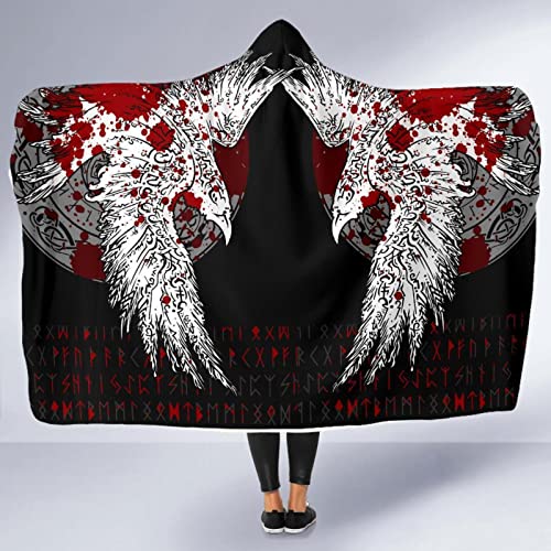Plaid à Capuche Viking Nordique Mythologie Odin Corbeau Couverture à Capuche Sherpa Couverture Douillette Couverture de canapé Couverture en Couverture pour TV pour Adultes et Enfants 150 x 200 cm Cover