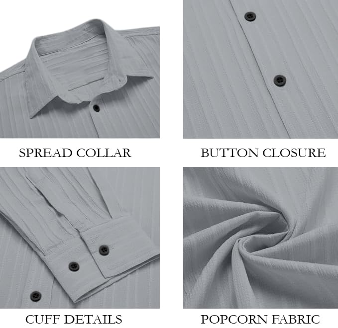 Image of FINIVO FASHION Men's Casual Cotton Polyester Blend Plain Button Down Shirt Long Sleeve Textured Summer Beach Shirt for Men
