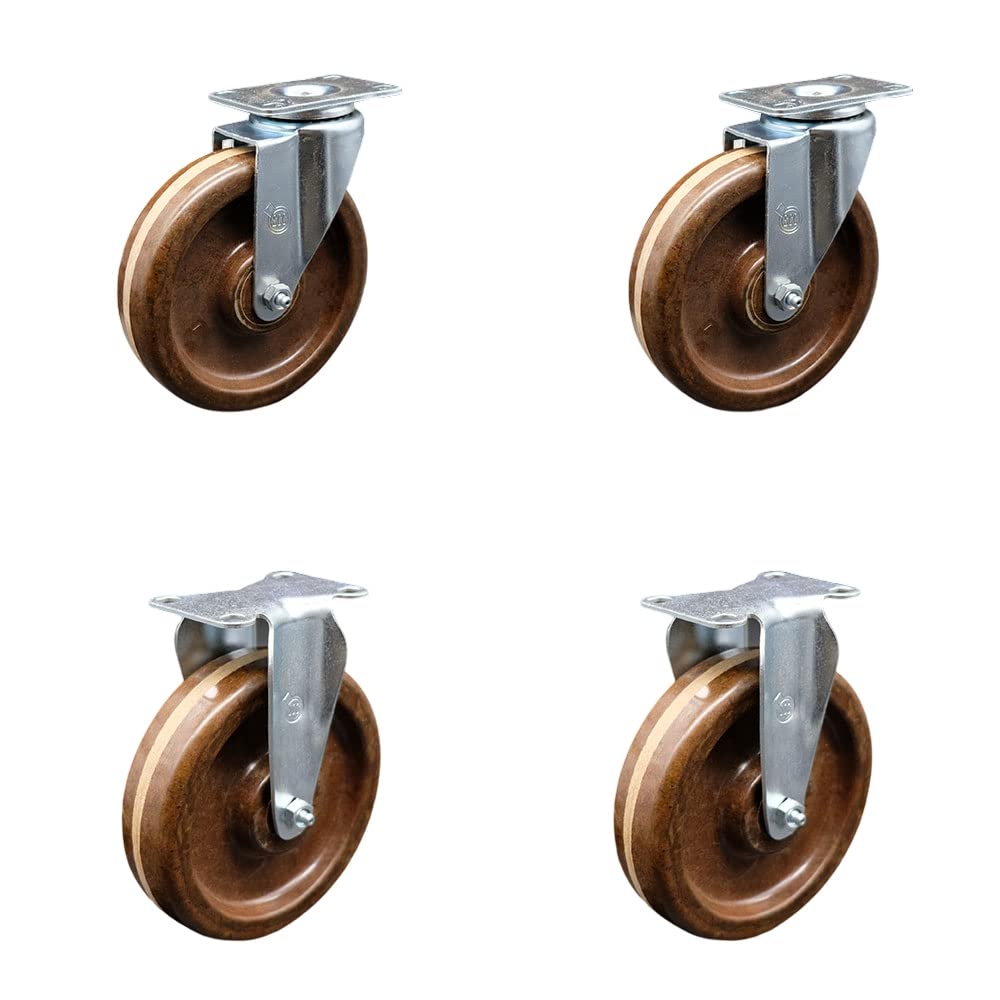 High Temperature Phenolic Swivel Top Plate Caster Set of 4 with 6 Inch Brown Wheels - Includes 2 Swivel and 2 Rigid - 1200 lbs. Total Capacity - Service Caster Brand