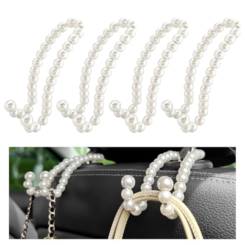 DXNQ 4 PCS Elegant Pearl Car Seat Headrest Hook, Cute Car Seat Hook Hanger Storage Organizer for Handbag Purse, Interior Decoration Headrest Hanger for Women Girls, Car Accessories