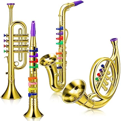 Treela 4 Pcs Kids Instruments Set, Musical Toy Trumpet Gift, Gold, Basic
