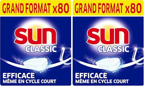 SUN - Pastilles Lave-Vaisselle Classic Regular - 80 tablettes - Efficace pendant les cycles courts - Brillance étincelante - Fabriqué en France (Lot de 2)