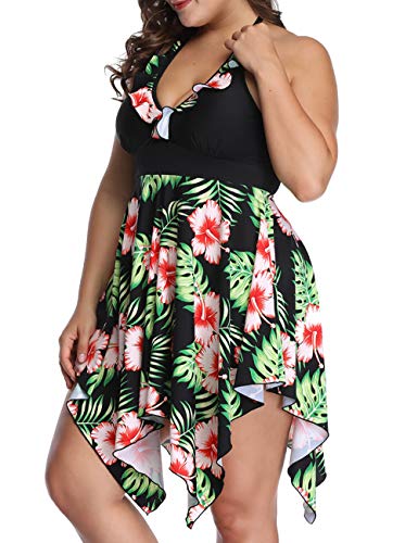 AONTUS Two Piece Swimsuits for Women Plus Size Swimwear Tankini Bathing Suits (Black- Garden, 3XL)
