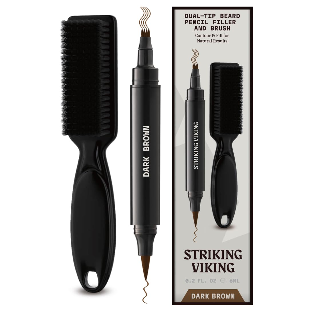 striking viking beard pencil filler for men - dark brown, 1 pen 1 brush - temporary beard dye - waterproof sweatproof long wear beard filler pen for touchups & gap contouring - enhances facial hair