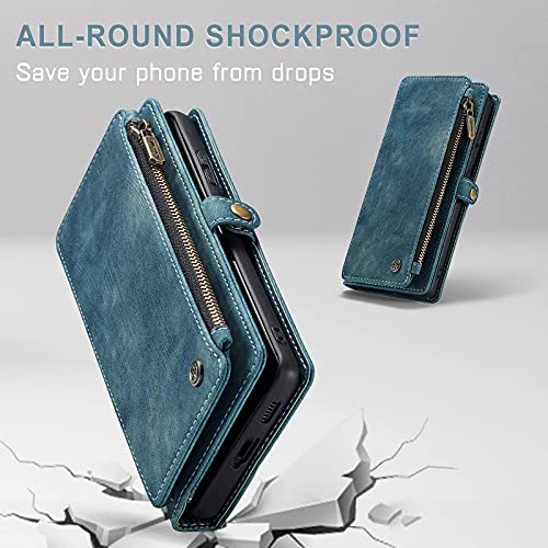 Defencase Samsung Galaxy S21 Ultra Case, Galaxy S21 Ultra Wallet Case For Women Men, Durable Pu Leather Magnetic Flip Lanyard Strap Zipper Card Holder Phone Case For Samsung S21 Ultra - Blue Green #TOP4