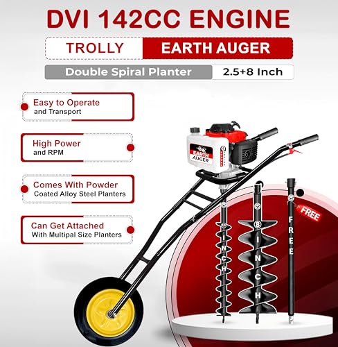Image of DVI 142CC Trolley Earth Auger Machine, 4-Stroke Petrol Engine - with 2.5 Inch + 8 Inch Double Spiral Planter Bits & Free Extension Rod | for Plantation, Fencing & Post Hole Digging in All Soil Types.