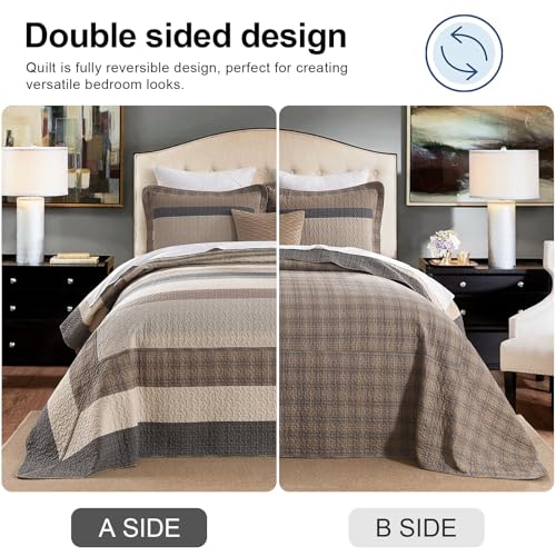 Image of EWlinens Oversized King Bedspread Set 120 inchx120 inch - 100% Cotton Extra Large Quilts King Size, Farmhouse Patchwork Striped Plaid Bedspreads with 2 Pillow Shams, All Season, Dark Brown /Beige /Gray