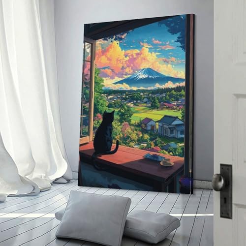 Tableau Mont Fuji chat pour habiller un grand mur de toilettes