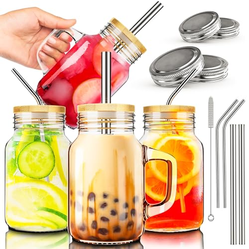20oz Mason Jar Mug Set of 4 with Handles, Lids, Straws & Cleaning Brush – Overnight Oats & Iced Coffee Cups