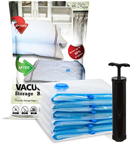 Alpha & Sigma 6 Vacuum Compression Storage Bags Jumbo Size (40 x 32 in) with Air Pump | Reusable, Ergonomic, Puncture Resistant & Waterproof | Organize Your Clothes, Optimize Suitcase Space, Enhance