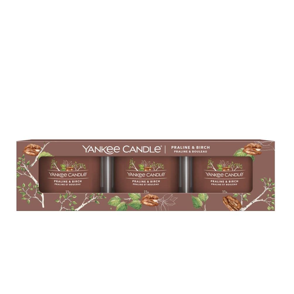 YANKEE CANDLE CONFEZIONE REGALO CON 3 CANDELE VOTIVE IN VETRO PRALINE & BIRCH