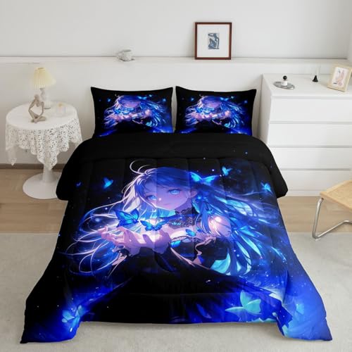 Image of Erosebridal 3D Japanese Girl Kids Comforter Set | Blue Butterfly Decorations Bedding King,Cartoon Down Comforter Anime Gifts for Her Duvet Set for Bedroom