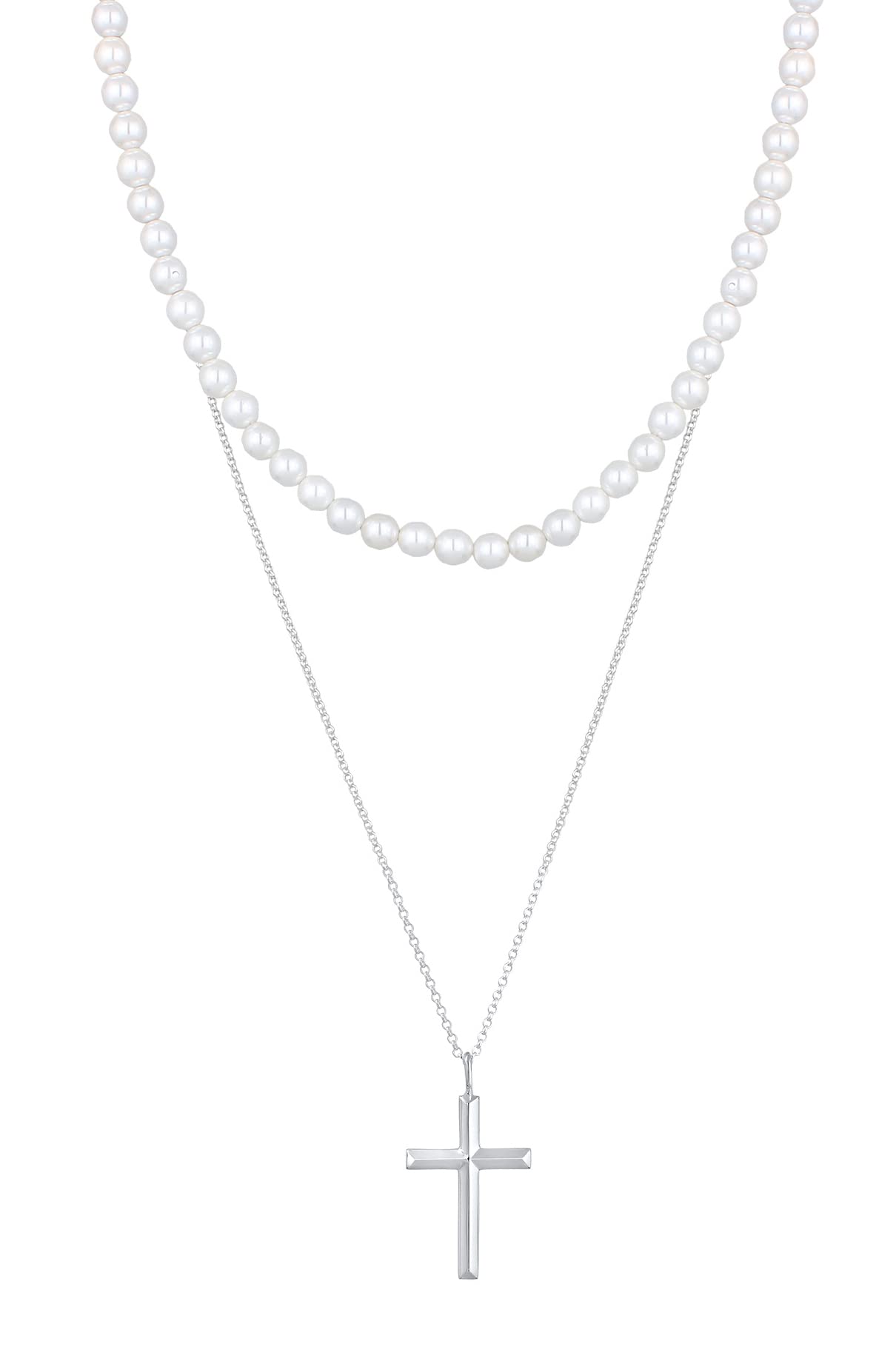 Kuzzoi Juego de collar de plata 925, collar para hombre con colgante de cruz (30 mm) en plata de ley 925, cadena de perlas de concha (6 mm) para hombre, 2 cadenas de plata, longitud 45 + 60 cm, Perla