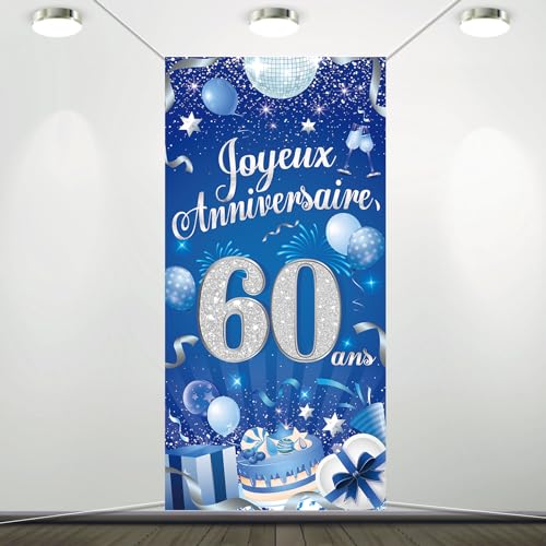 DPKOW Bleu Argent Joyeux Anniversaire 60 Ans Bannière de Porte pour Homme 60 Ans Anniversaire Décoration Bleu Argent, 60 Ans Anniversaire Jardin Table Mur Décoration, 185 x 90cm