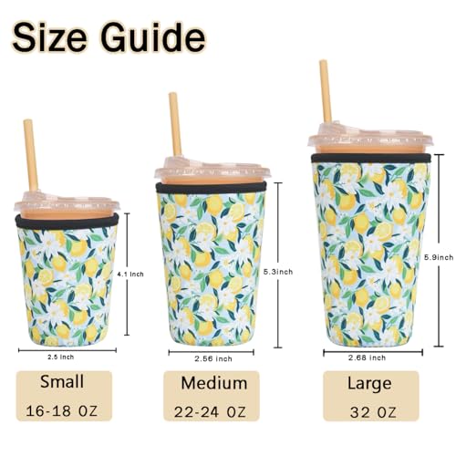 Image of Reusable Insulated Sleeve for Iced Coffee Cup, 3-Pack Coffee Neoprene Drink Sleeve for Cold & Hot Drinks, Beverage Holder for Iced Coffee (Bright Lemons)