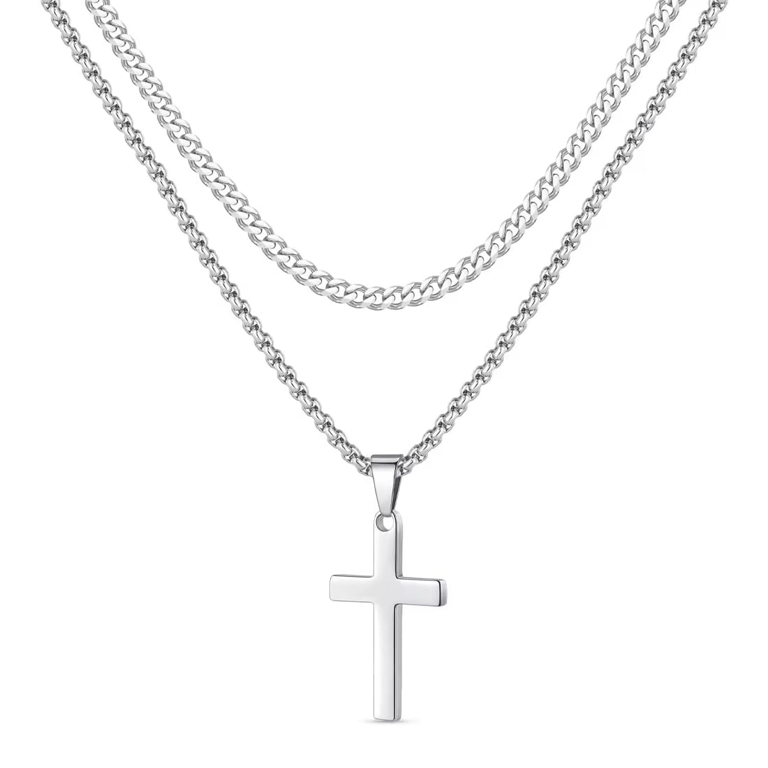 ARHZ ARHZ 2 Piezas Cadena Acero Inoxidable Hombre - Doble Capa Cadena De Plata Hombre - Collar Con Colgante De Cruz - Regalo Del Día Del Padre - Regalo Para Padre, Marido, Novio