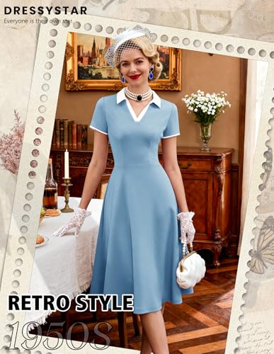Image of Dressystar Women's 1950s Vintage Swing Dress Short Sleeve V Neck A Line Retro Rockabilly Cocktail Party Dresses With Pockets