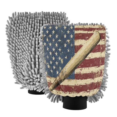 STAYTOP Retro American Flag and Baseball Car Wash Mitt Microfiber, 2Pcs Scratch Free Lint-Free, Premium Chenille Microfiber Mitt Car Wash Brush-M