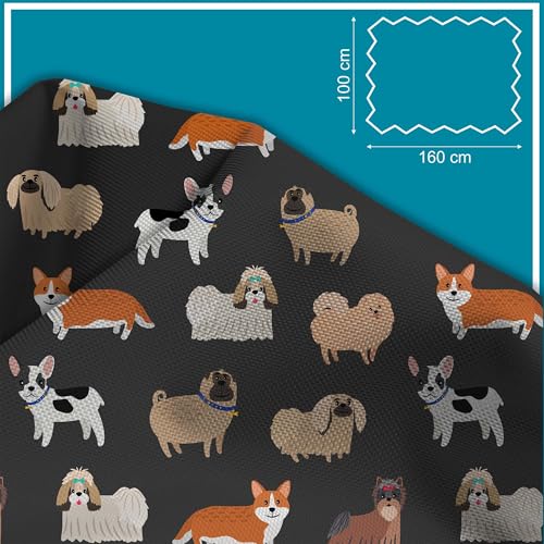 DreamRoots Segeltuch Wasserdicht - Polsterstoff Meterware 160 cm breit - Wasserabweisender Stoff 220 g/m2 600D - Markisenstoff Wasserdicht Meterware Dark Cartoon Dogs 1M