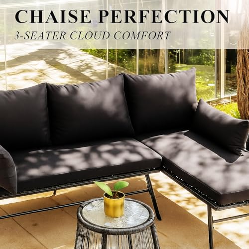 Bezseller 3-Piece Outdoor Patio Furniture Set, L-Shaped Rattan Sectional Sofa with Thick Cushions, Glass Coffee Table – All-Weather Conversation Set for Backyard, Porch, Poolside