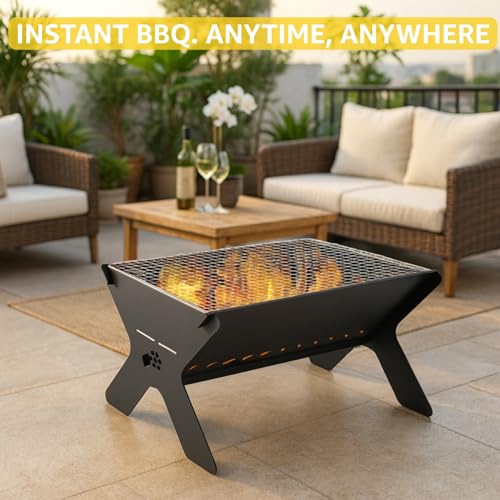 Image of ecofynd Portable Charcoal Barbeque Grill, Modern Foldable & Compact BBQ Set for Home, Picnic, Camping, Traveling, Outdoor Cooking, Bonfire, Heavy Duty Firepit Tandoor tools (Stellar Black, BBQ002)