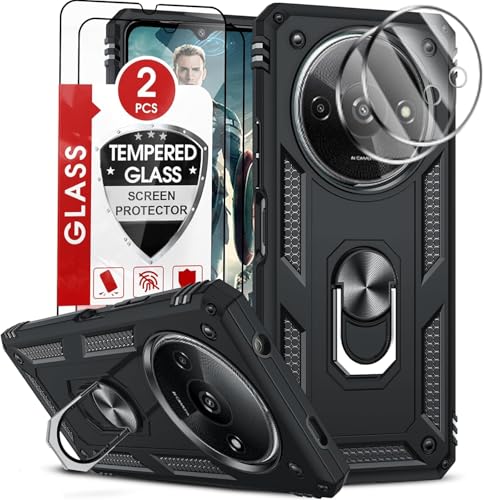 LeYi Cover per Redmi A3 4G Custodia con 2 x Pellicola Vetro Temperato +2 x Protezione Fotocamera, Militare 360° Anello Supporto TPU Bumper Antiurto per Xiaomi Redmi A 3, Nero