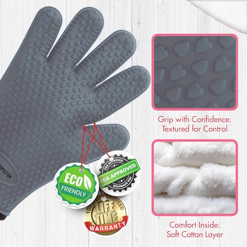Image of KITCHEN PERFECTION Silicone Smoker Oven Gloves For Women -Extreme Heat Resistant BBQ Gloves -Handle Hot Food Right on Your Smoker Grill Fryer|Waterproof Oven Mitts Grill Gloves |Superior Set+3 Bonuses