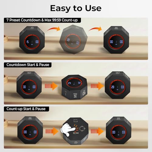 Image of Small Rechargeable Pomodoro Timer, Gravity Sensor Auto-Rotating 7 Preset Times (1 /3 /5 /15 /30 /60 /90 min) & Count Up Mode, Digital Kitchen Timers for Cooking, Work and Study (Space Gray)