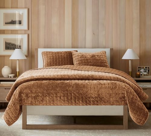 LR Rocaloca Velvet Quilt King Size 98x106 Luxurious Comforter Ultra Soft Bedding Set Quilted Bedspread Coverlet with 2 Matching Pillow Shams for All Season,Caramel