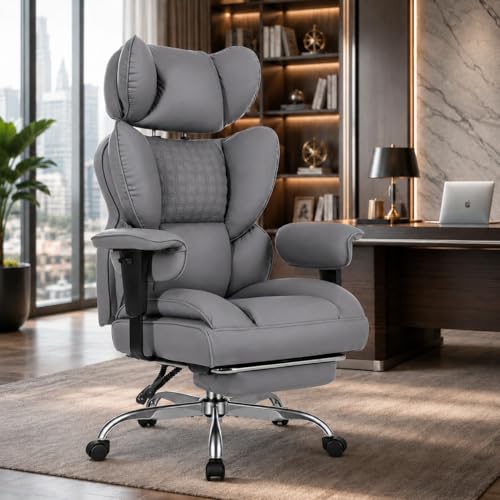 Image of Big and Tall Office Chair 350 LBS, Scratch-Resistant PU Leather Executive Office Desk Chair with Footrest, Ergonomic Reclining Computer Chair with Pocket Spring Support for Home Office, Grey