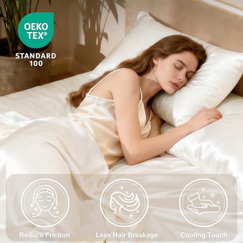 Love's cabin Full Size Satin Sheet Sets - 4 Piece Ivory Silky Sheet Set Full with Deep Pocket, Luxury Silk Feel Bed Sheets Full Bedding Set (1 Flat Sheet,1 Fitted Sheet,2 Pillow Cases) by Love's cabin - Image 3