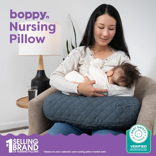 Image of Boppy Nursing Pillow, Luxe Ergonomic Breastfeeding & Baby Feeding Support | High, Firm, Large Area Cushion, Water-Repellent Liner, Washable Cover, Wider Opening, Flexible Fiber Fill -Quilted Slate Blue