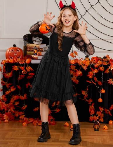 GRACE KARIN Girls Contrast Mesh Dress Long Sleeve Formal Party Birthday High Waist A-Line Tulle Dresses for 6-12 Years3