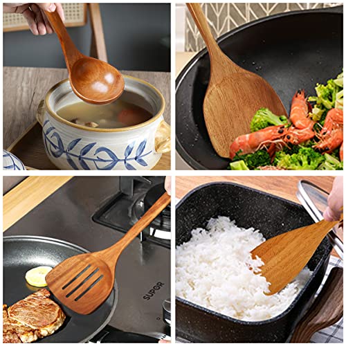 Image of Wooden Spatula,Slotted Turner,Soup Ladle,Long Handle Utensils Set,Handmade for Kitchen Cookware (Wooden Utensil 4 Sets)