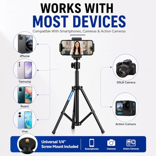 Image of Premium Tripod Stand Lightweight & Portable Portable 7 Feet (84 Inch) Long with Adjustable Mobile Clip Holder for All Mobiles & Cameras Stand for YouTube, Facebook and Instagram