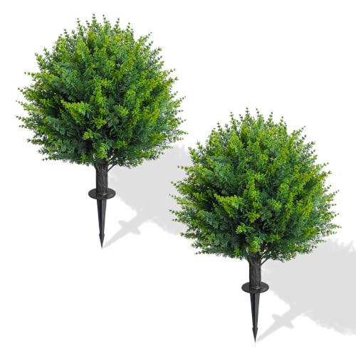 25” Artificial Cedar Topiary Ball Tree, Set of 2 with Ground Spikes, UV Resistant Faux Cypress Plants, Evergreen Shrubs for Outdoor Front Porch Garden Backyard Office Decor