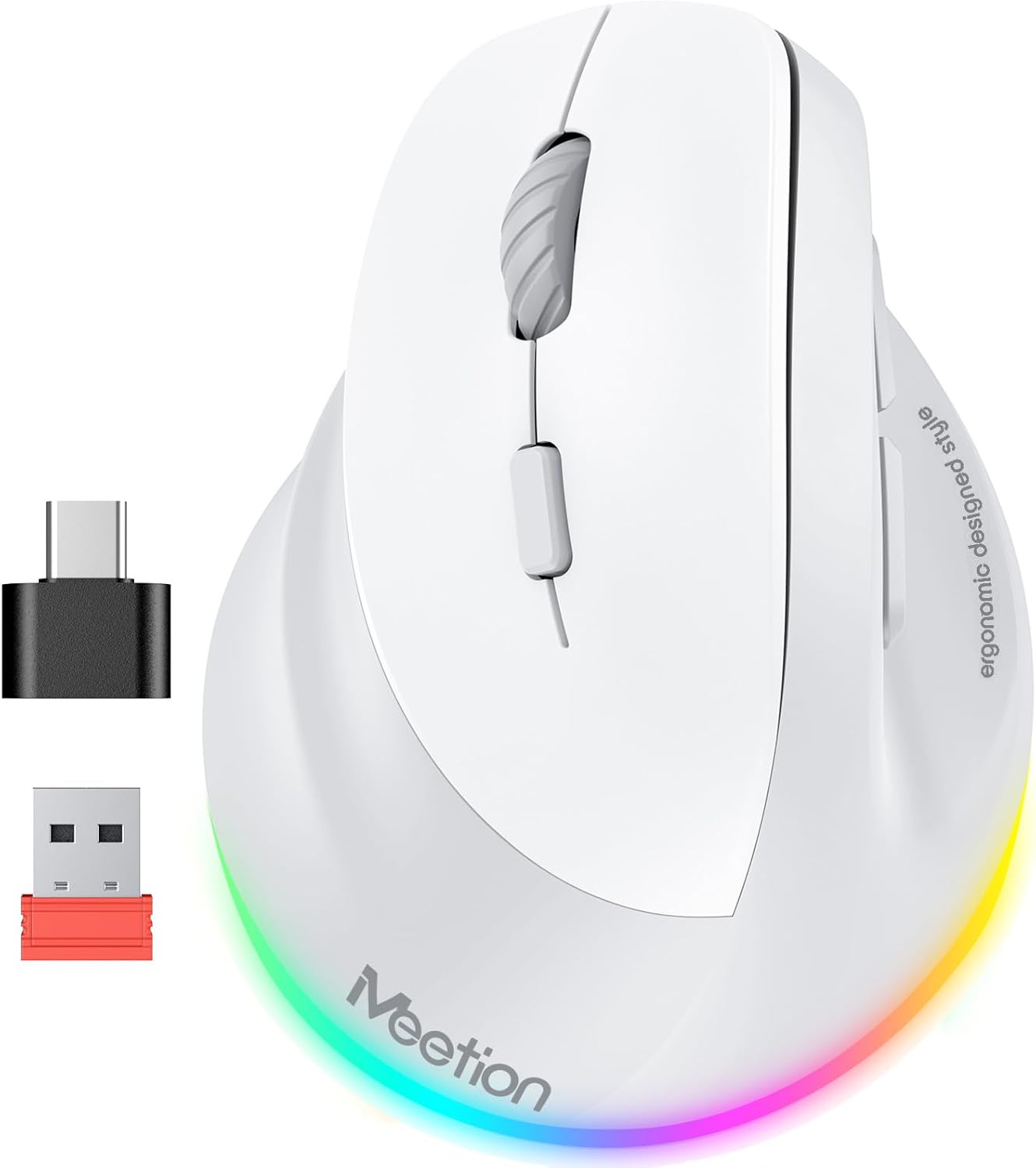 MEETION Left-Handed Ergonomic Wireless Vertical Mouse with RGB, Bluetooth (5.2 + 3.0) & 2.4G USB-A with Type-C Adapter, 4 Adjustable DPI for Mac/Windows/PC/Tablet/iPad, Gray
