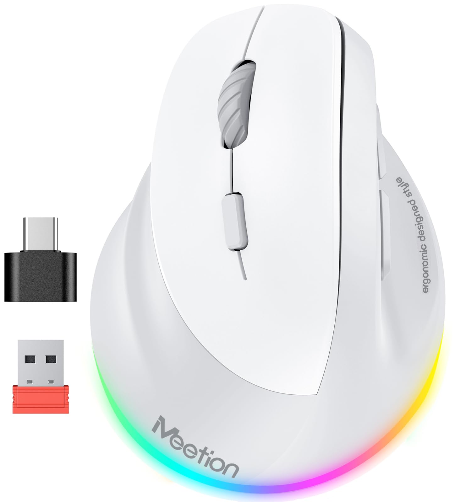 MEETION Linkshänder-Maus, ergonomische Maus, kabellos, vertikale Maus, RGB-Maus für Bluetooth (5.2 + 3.0) und USB-A mit Typ-C-Adapter, 4 einstellbare DPI, für Mac/Windows/PC/Tablet/iPad, Grau
