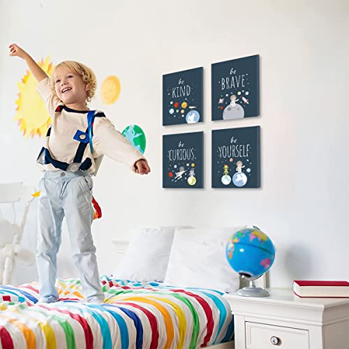 Image of CHDITB Outer Space Canvas Wall Art, Abstract Universe Planet Print, Be Kind Inspirational Space Poster For Kids Room Boys Bedroom Nursery Playroom Decor-Set Of 4 (8 inch X 10 inch) Framed Ready To Hang