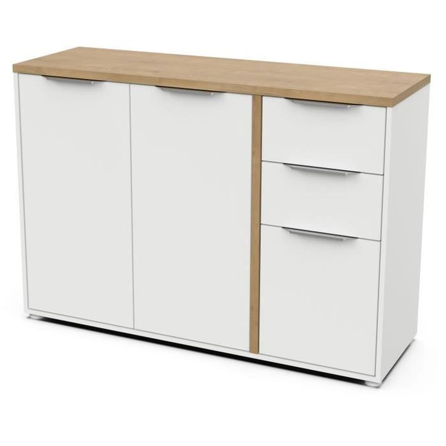 Buffet Moderne 3 Portes & 2 Tiroirs – Style Scandinave – Coloris Blanc Mat & Chêne Hamilton - 121,​5 x 39,​6 x 85,​6 cm