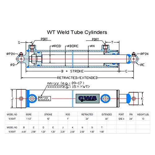 Image of WT Weld Cross Tube Hydraulic Cylinder 1 1 /2 inch Bore x 16 inch Stroke x 1 inch Rod x SAE 4 Port x 3000 PSI