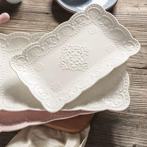 YBK Tech Elegant Rectangle Embossed Lace Plate Bone China Dessert Plate Ceramic Plate for Breakfast Afternoon Tea (White, 12-inch) - Image 4