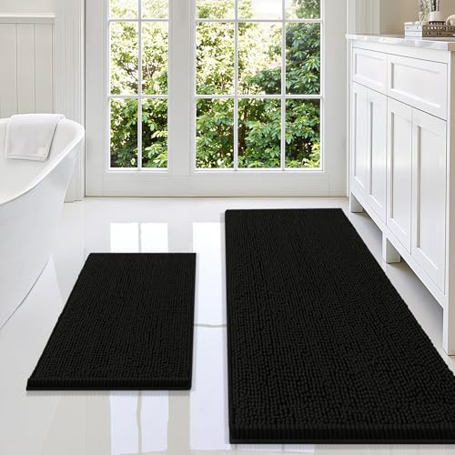 Image of Smiry Bathroom Rugs Sets 2 Piece, Soft Absorbent Chenille Machine Washable Non Slip Shaggy Bath Rug Set for Tub, Shower, and Floor (59x20+24x16, Black)