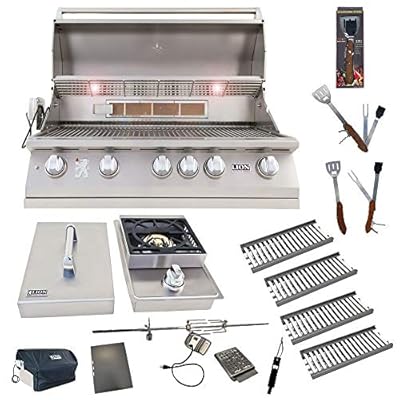 Lion Premium Grills 40-Inch Natural Gas Grill L90000 with 4 Ceramic Tubes w/ Flame Tray and Single Side Burner and 5 in 1 BBQ Tool Set Best of Backyard Gourmet Package Deal