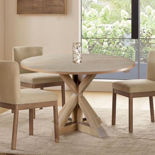 Finch Alfred Round Solid Wood Rustic Dining Table for Farmhouse Kitchen Room Decor, Wooden Trestle Pedestal Base, 46.5" Wide Circular Tabletop, Distressed Beige, 47 in x 47 in x 29.2 in - Image 3