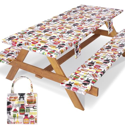 Jobunai 3 Piece Picnic Table Cover with Bench Covers Fitted Camping Table Cloths for 6Ft Tables Camper Travel Trailer Must Haves Motorhome Garden Tools Couple Wife Husband Boyfriend by Jobunai - Used condition - US$18.60
